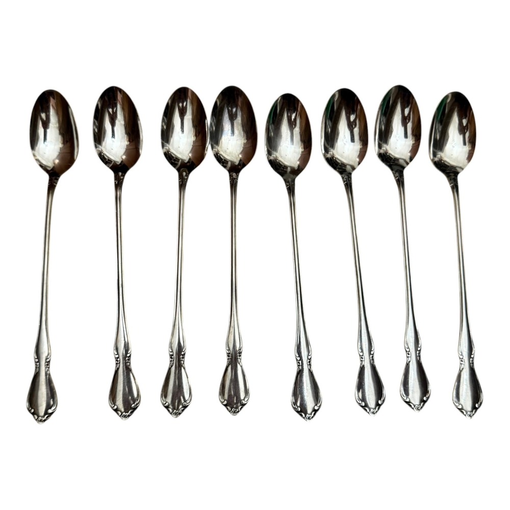 8 Oneidacraft Chateau Deluxe Stainless Iced Tea Spoon Set Floral Scroll 7.5in